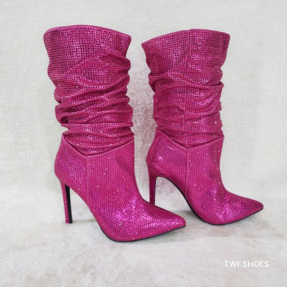 Radiant Fuchsia Pink Rhinestone High Heel Slouch Mid Calf Pull On Boots - Picture 2 of 8